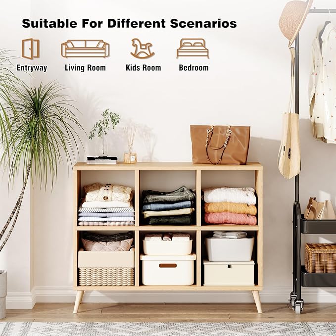 6 Cube Storage Organizer, Wood Bookcase with Legs, Modern Freestanding Cubby Shelving Unit, Book Shelf Toy Storage Cabinet for Bedroom, Living Room, Kids Room, Fits 11 Inch Bins, Natural
