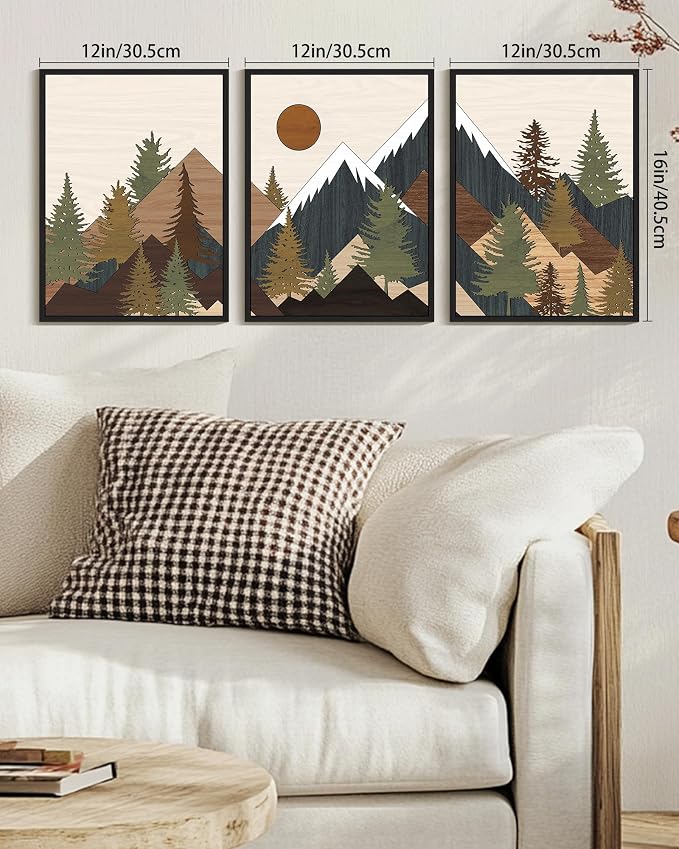 KUVIOKE Morden Mountains Framed Wall Art Boho Pine Tree Forest Nature Landscape Artwork Bohemain Farmhouse Rustic Bedroom Living Room Decor 12x16in (Black Framed)