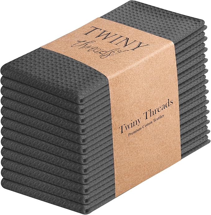 TWINY threads Kitchen Towels Set of 12, 100% Soft Cotton Waffle Weave Dish Towels, Tea Towels with Hanging Loop, Resuable Bar Towels for Table Cleaning, Dinning, Parties- 16"X 26" - Grey