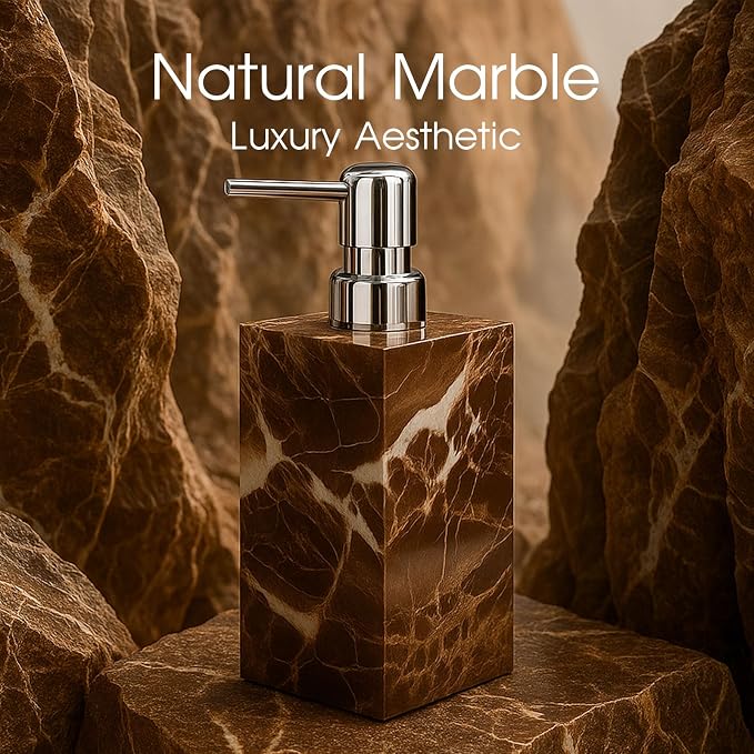 2 Pack Real Natural Marble Soap Dispenser with Stainless Steel Pump Decorative Liquid Hand Soap Bottle for Kitchen Bathroom, Compatible with Lotion, Dish Soap Shower Gel (Brown 2 Set)