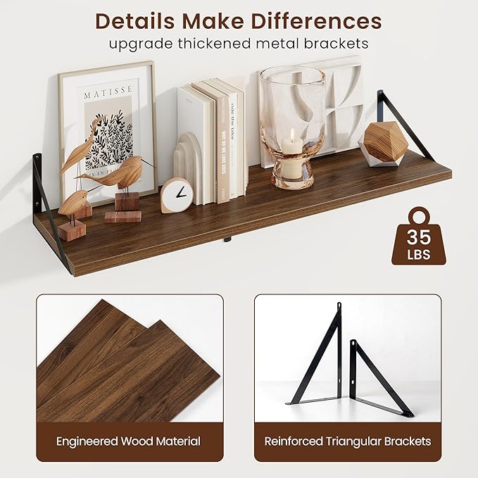 Axeman Deep Floating Shelves | 36 Inch Walnut Wall Shelves Set of 2 | 10 Inch Deep Wood Floating Shelves for Wall | 36" W x 10" D Walnut Shelves for Living Room Bathroom Kitchen