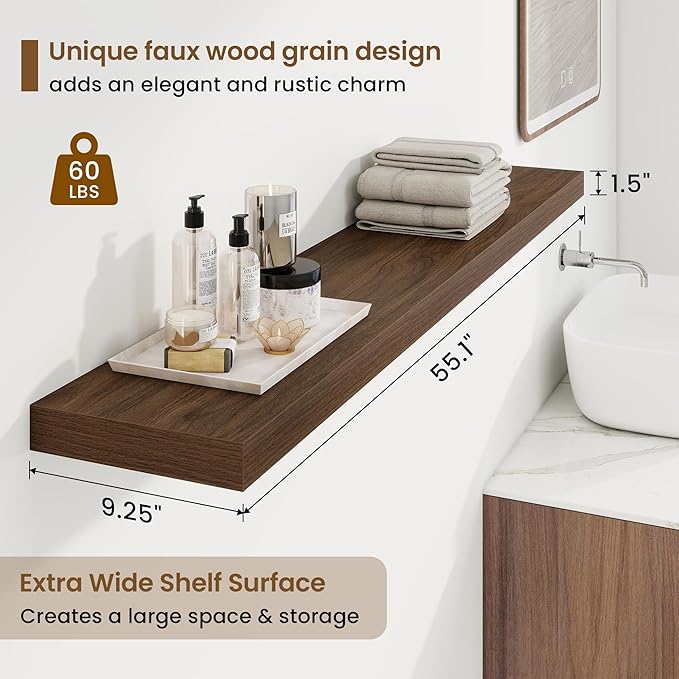 55in Floating Shelves for Wall, 55"W x 9.25"D x 1.5"H, Long Wall Mounted Engineered Wood Shelves with Invisible Brackets for Living Room, Bedroom, Bathroom, Kitchen Decor and Storage, Walnut