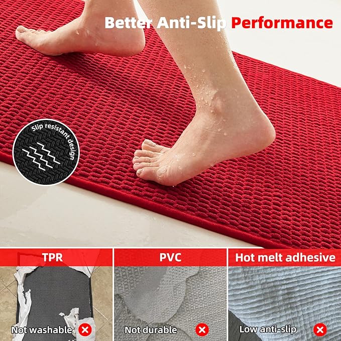 Christmas Bathroom Runner Rugs, Long Bath Mat Runner Washable Thin Quick Dry Low Pile Bathroom Runner Rugs Non Slip, Red 24"x70"