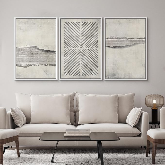SIGNWIN Framed Canvas Print Wall Art Set Grunge Geometric Line Landscape Abstract Shapes Cozy Neutral Modern Art Decorative Boho Relax/Zen Nordic for Living Room, Bedroom, Office - 24"x36"x3 White