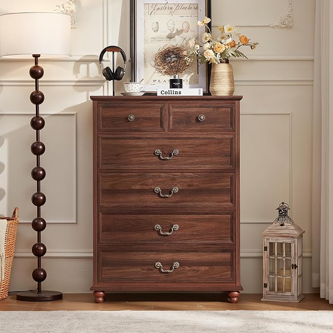 Farmhouse 6 Drawer Dresser Set of 2 for Bedroom, 42" Tall Rustic Chests of Drawers w/ 4 Solid Wood Feet, Mid Century Vintage Wooden Closet Storage Dressers Organizer for Living Room,Brown
