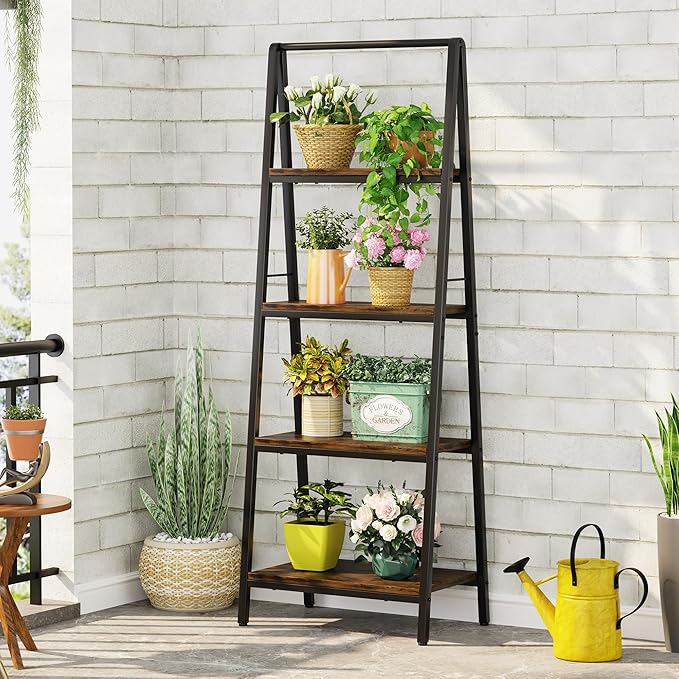 Homeiju Ladder Shelf, 4-Tier Leaning Ladder Bookshelf, Rustic and Wood Ladder Shelf Bookcase, Industrial Ladder Shelf Storage Rack for Home Office, Bedroom, Bathroom or Kitchen
