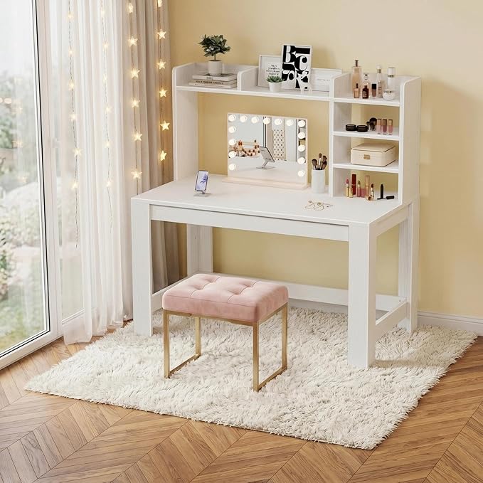 WINAZ White Computer Desk with Hutch and Power Outlet - 43 Inch Small Space Study Writing Table with Storage Shelves Monitor Stand, Modern Home Office Workstation Desks for Bedroom, Easy Assembly