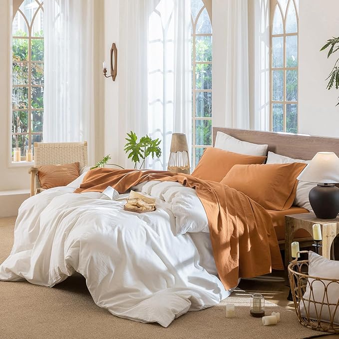 MooMee Bedding Sheet Set 100% Washed Cotton Linen Like Textured Breathable Durable Soft Comfy (Solid Burnt Orange, Twin XL)