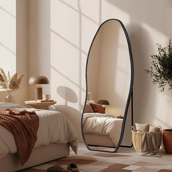 Mirror Full Length - Irregular Full Body Mirror Standing or Leaning or Wall Hanging 63"x 24" Asymmetrical Aviation Aluminum Alloy Frame Unique for Bedroom, Living Room, Cloakroom, Entryway