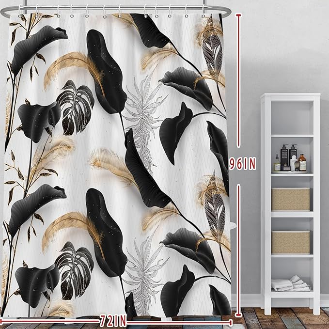 Baocicoo Black Leaves Shower Curtain Bohemian Style Shower Curtain for Bathroom Tropical Leaves Boho Floral Shower Curtains Bathtub Living Room Decor Bathroom Decorations with Hooks 72x96 Inches