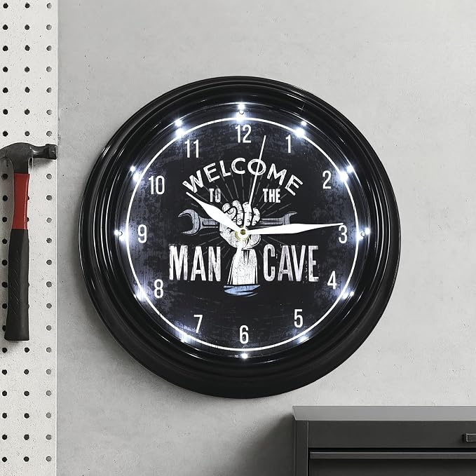 American Art Decor Welcome to The Man Cave LED Clock - 12" Wall Mounted Modern Mechanic Wall Decor - Wall Clock for Living Room, Dorm, Mancave, Garage, Office, Game Room (Black/White)