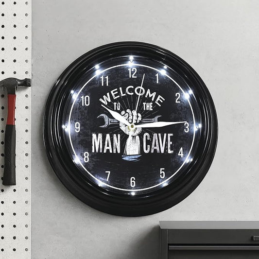 American Art Decor Welcome to The Man Cave LED Clock - 12" Wall Mounted Modern Mechanic Wall Decor - Wall Clock for Living Room, Dorm, Mancave, Garage, Office, Game Room (Black/White)