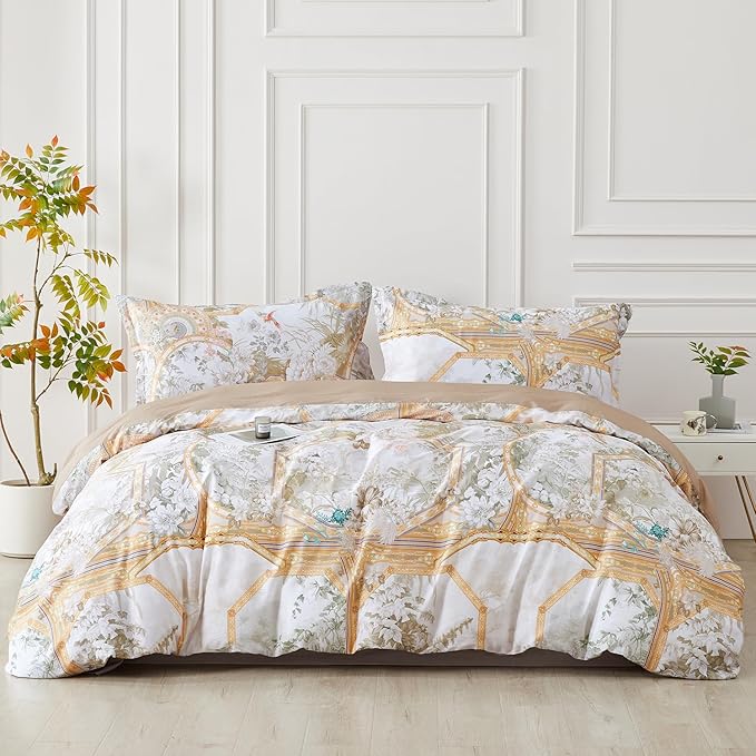 SAPHREAS Gold Floral Duvet Cover Set 3pcs Full Size White Flower Botanical Blossom Bedding Comforter Cover Set 100% Cotton 1 Duvet Cover 2 Pillow Shams, Comforter Not Included