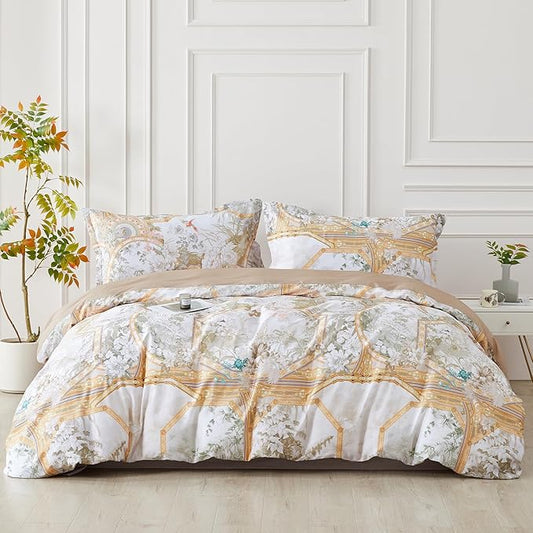SAPHREAS Gold Floral Duvet Cover Set 3pcs King Size White Flower Botanical Blossom Bedding Comforter Cover Set 100% Cotton 1 Duvet Cover 2 Pillow Shams, Comforter Not Included