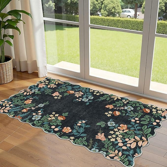 Front Door Mat Indoor Entrance - 2x4.3 Ft Black Floral Washable Layered Doormat Outdoor Entrance Porch Rug Non-Slip Boho Runner Rug for Kitchen Hallway Bedroom Laundry Room Porch Decor