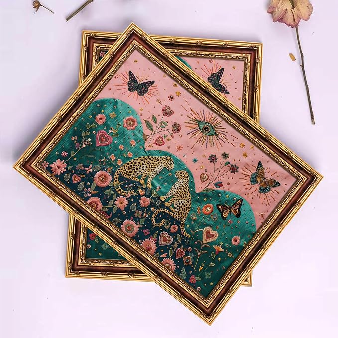 dzbLuck Mystical Leopard and Butterfly Wall Art with Gold Vintage Frame, Surreal Botanical Folk Art Print, Embroidery Style Boho Painting, Sacred Hearts and Cosmic Eye 8x10 Inch
