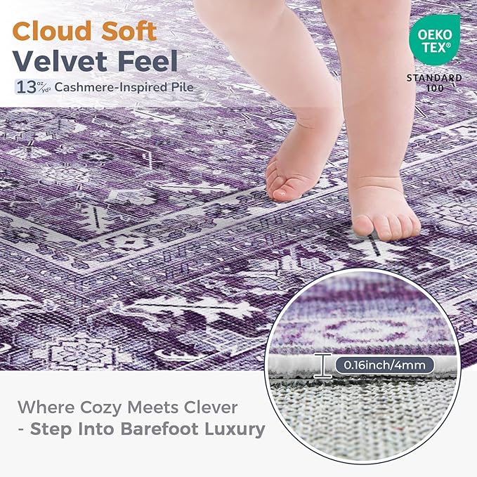 OPPODREAM Vintage Purple Area Rugs 5x7, 5 x 7 Retro Washable Rug Non Slip, Low-Pile Faux Wool Carpet, Distressed Floor Mat for Living Room, Bedroom, Kitchen, Office, Dorm, Dinning Room