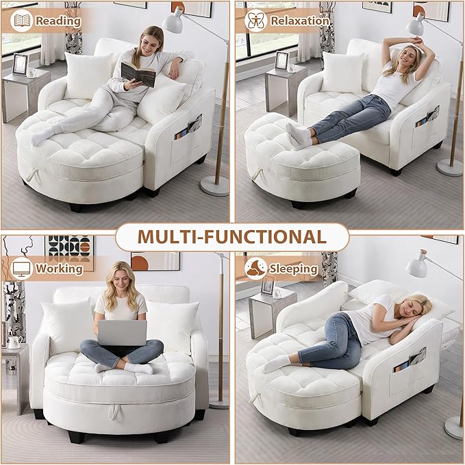 Oversized Curved Chaise Lounge Chair Indoor with Ottoman, 54.8" Cloud Boneless Reading Chair Soft Chenille Circle Couch w/Adjustable Backrest for Living Room, Apartroom, Bedroom, Beige