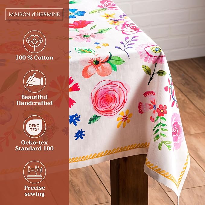 Maison d' Hermine Table Cloth Rectangle Table 100% Cotton 70 x 120 Inches Tablecloth Reusable Decorative for Dining Room Farmhouse Home Valentines Day Decorations Spring Summer- Happy Florals - Sweety