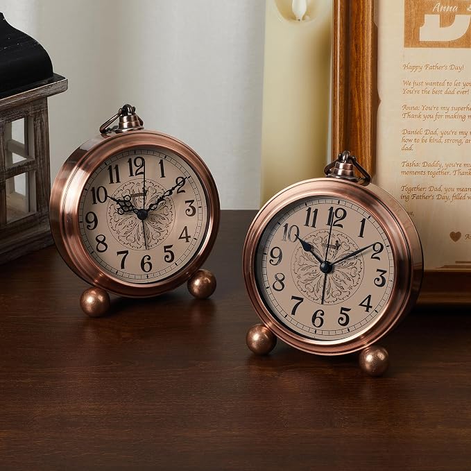 FLOITTUY 4.5" Battery Operated Antique Retro Analog Metal Alarm Clock, Silent Bedside Desk Clock, Wall-Hanging Vintage Clock(Vintage Bronze)