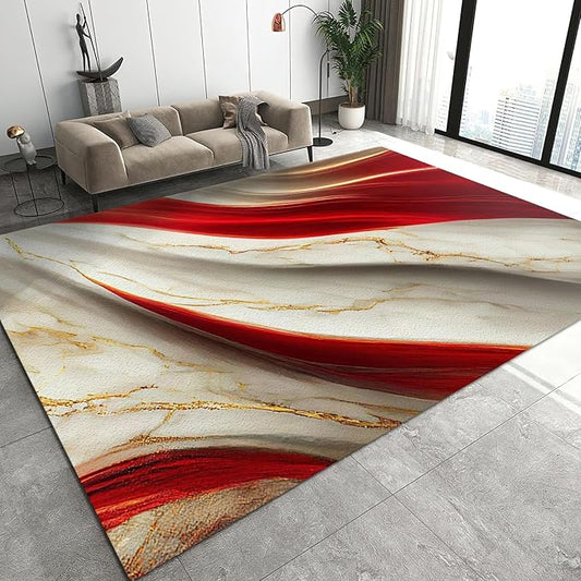 Marble Gilt Texture Red Area Rug, Luxury Marble Non Slip Throw Rug, Machine Washable Durable Carpet for Indoor Bedroom Living Room Office Decor Rug - 6 ft x 8 ft