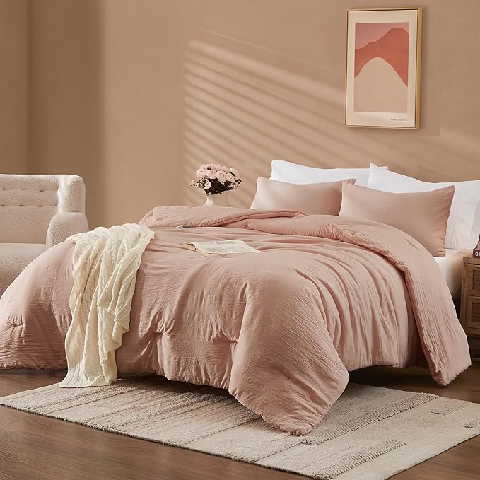 WRENSONGE Full Size Comforter Sets - 3 Pieces Dusty Pink Comforter Prewashed Soft Lightweight for All Seasons,Fluffy Down Alternative Comforter Full Size with 2 Pillow Shams