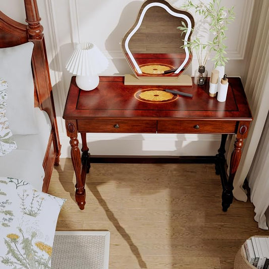 Computer Desk Office Table with 2 Drawers, 39.37" Solid Wood Study Writing Desk Workstation with Storage Space,Mid-Century Vanity Dressing Table for Home Office,Cherry Walnut SSZ1533WD