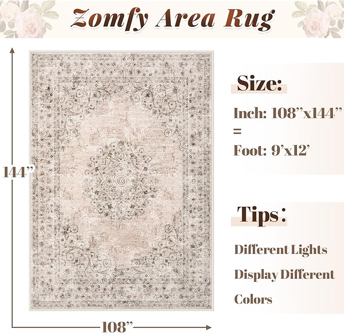 Area Rug 9x12 Vintage Rug: Large Washable Indoor Medallion Rugs Low Pile Distressed Floor Carpet Retro Accent Rug for Living Room Bedroom Kitchen Dining Table Home Office(Distressed Brown, 9'x12')