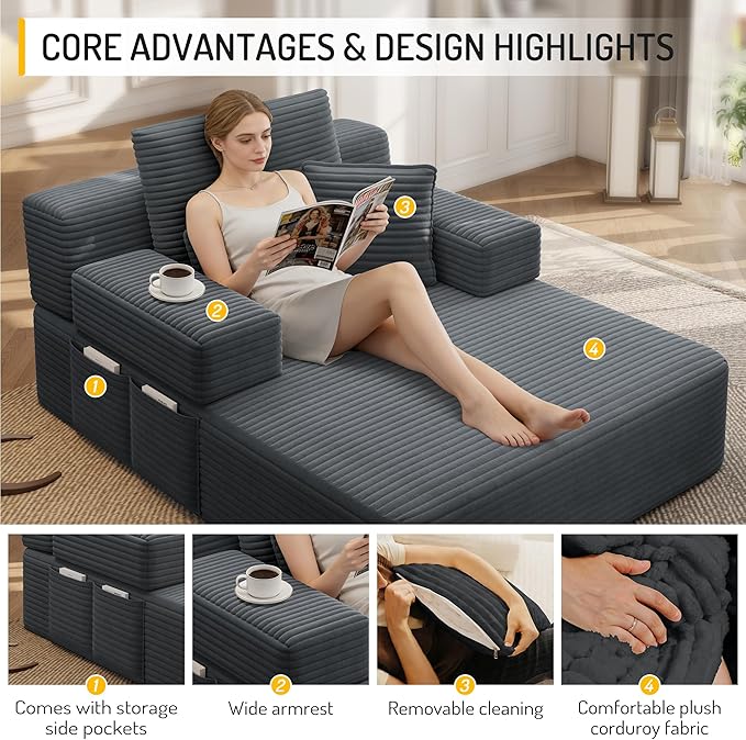 48.5" Oversized Chaise Lounge Chair Indoor, 3-in-1 Convertible Sleeper Sofa Bed, Plush Corduroy Boneless Chaise with 3 Pillows & Side Pockets, Adjustable Back/Armrest for Living Room - Dark Grey