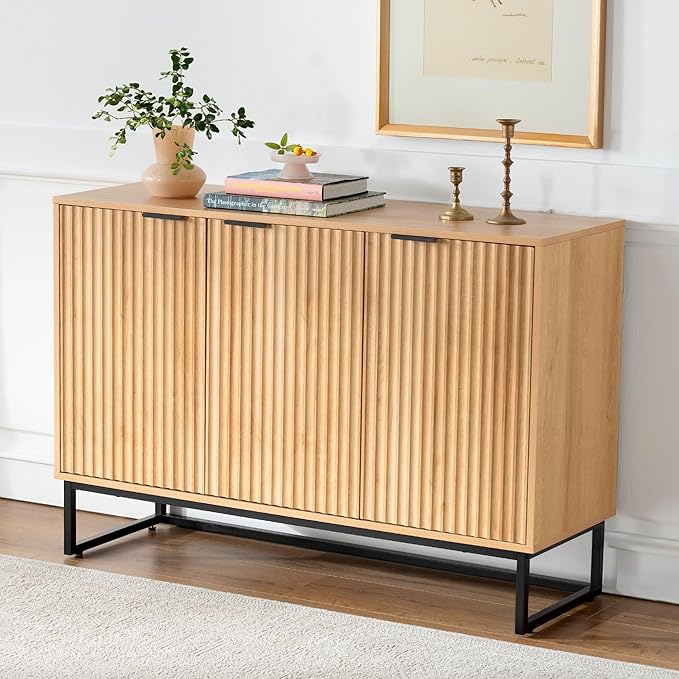 Fluted Storage Cabinet with 3 Doors, Sideboard Buffet Cabinets, Modern Accent Cabinets with Adjustable Shelves, Wooden Credenza Console Table Cabinet for Living Dining Room, Natural Oak