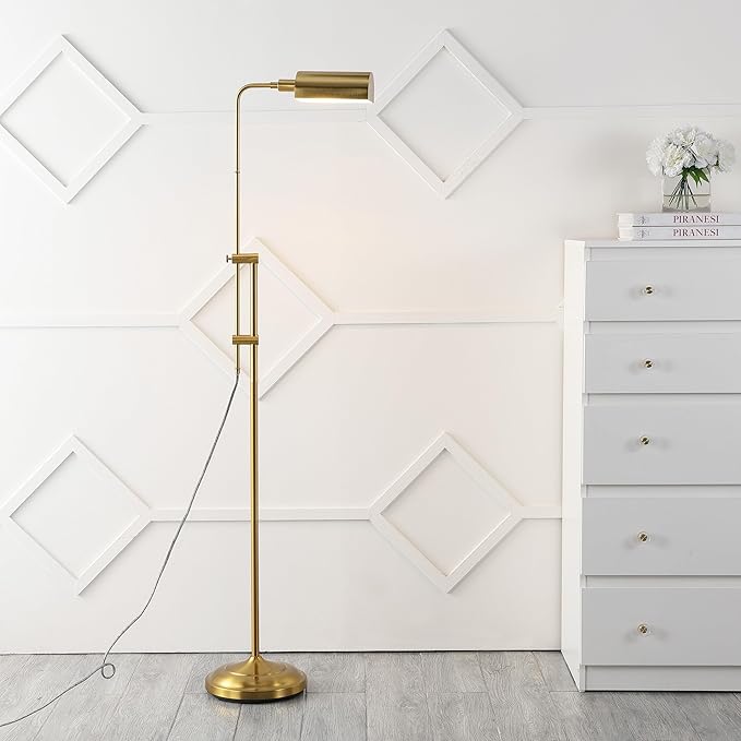 JONATHAN Y 63"-63" Brass Gold Industrial Iron Pharmacy LED Floor Lamp, Height-Adjustable Minimalist Standing Task Lamp for Living Room, Office, UL Listed, LED Bulb Included JYL3095A