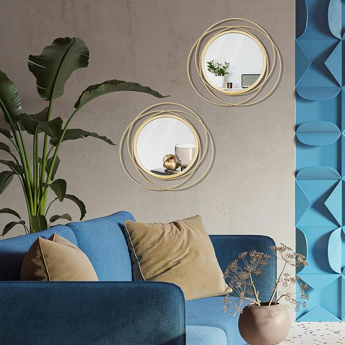 2 Set Circle Mirrors for Wall Decor for Living Room Bedroom Bathroom Entryway Metal Round Mirror Decorative Hanging Mirrors Sun Bohemian Geometric Accent Sculpture -Gold 13 in