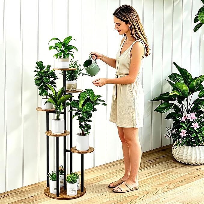 INGIORDAR Plant Stand Indoor Outdoor Corner Plant Shelf for Multiple Flower Pots Flower Stand Holder for Patio Garden Balcony Living Room (Black+Rustic Brown, 6 Tier)