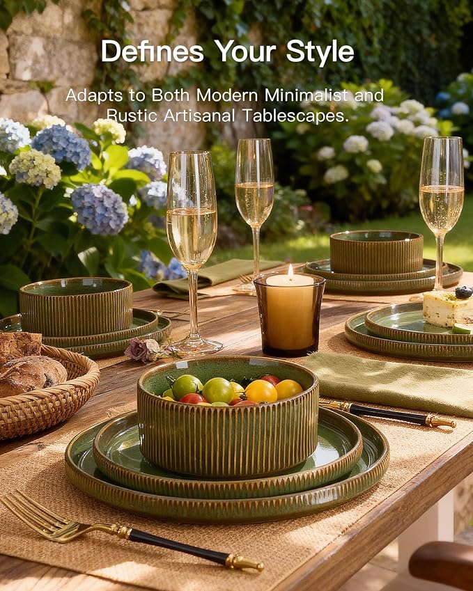 Stoneware Dinnerware Sets, Handcrafted Double Reactive Glaze Plates and Bowls for Everyday & Formal Dining, Microwave & Dishwasher Safe, Scratch Resistant Dishes Service for 4 (12-Piece), Moss