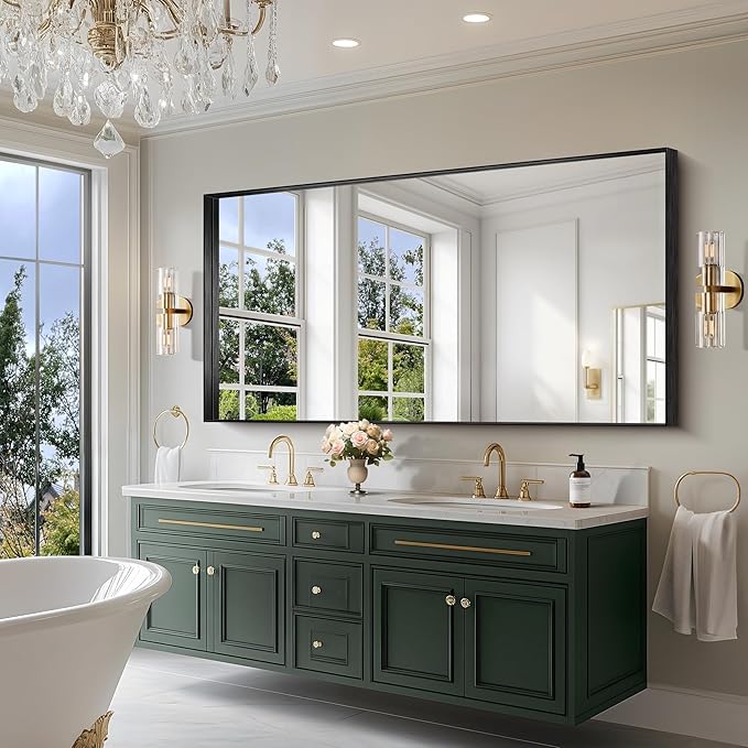 CIRCUMI Black Bathroom Mirror, 72"x36" Rectangular Mirror with Deep Metal Frame, Brushed Finish, Tempered Glass, Large Mirror for Wall, Over 2 Sinks, Installed Vertically/Horizontally, Crystal-Clear