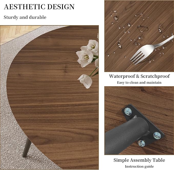 43.3 Inch Round Dining Table Set for 4, Modern Small Kitchen Coffee Set for Dining Room Kitchen Apartment (Walnut Table+4 U-Shaped White Chairs)