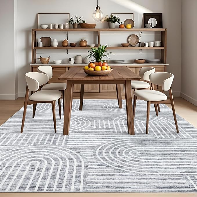 Washable Rug 5x7 Area Rugs for Living Room, Abstract Rug for Bedroom, Soft Rainbow Non Slip Throw Rugs with Rubber Back, Low Pile Stain Resistant Boho Geometric Carpet for Dining Room, Ash