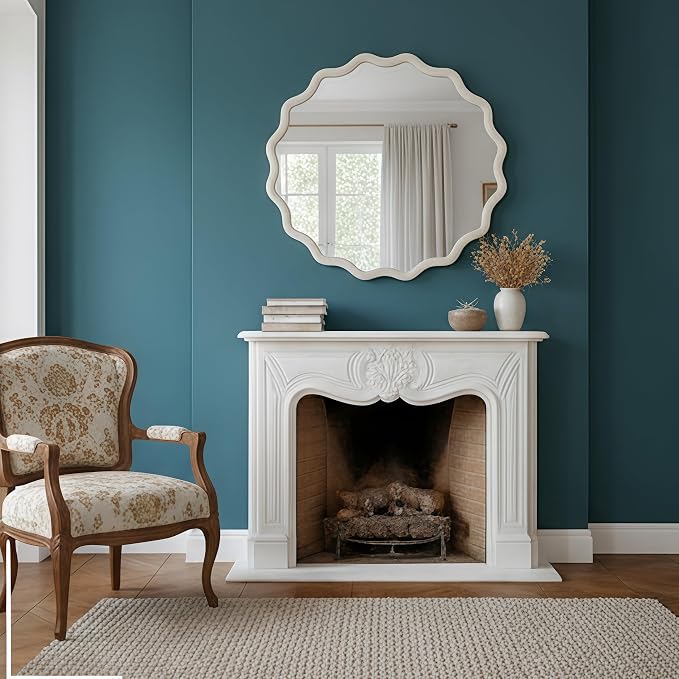 30 Inch Wooden Wavy Round Wall Mirror, Modern Solid Wood Frame Circle Decorative Accent Mirror for Bedroom, Bathroom, Living Room, Entryway, White