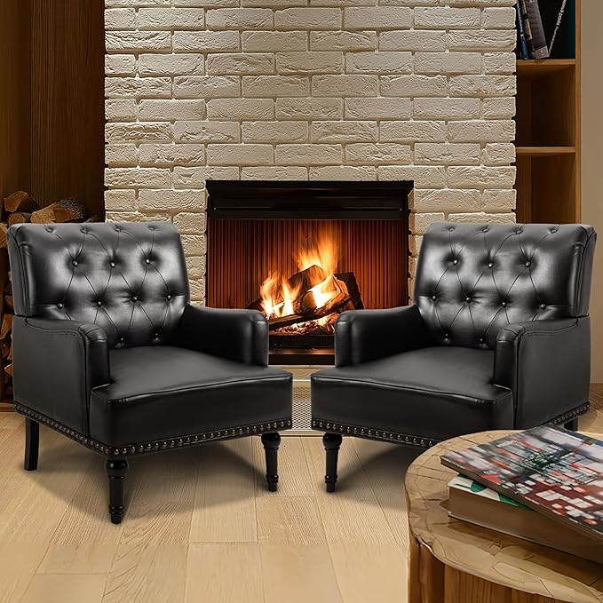MOJAY Faux Leather Accent Chair Set of 2, Mid-Century Modern Living Room Chair Lounge Study Sofa Chair with Sturdy Wood Legs, Club Chair Armchair for Bedroom Home Study Reception (Black)