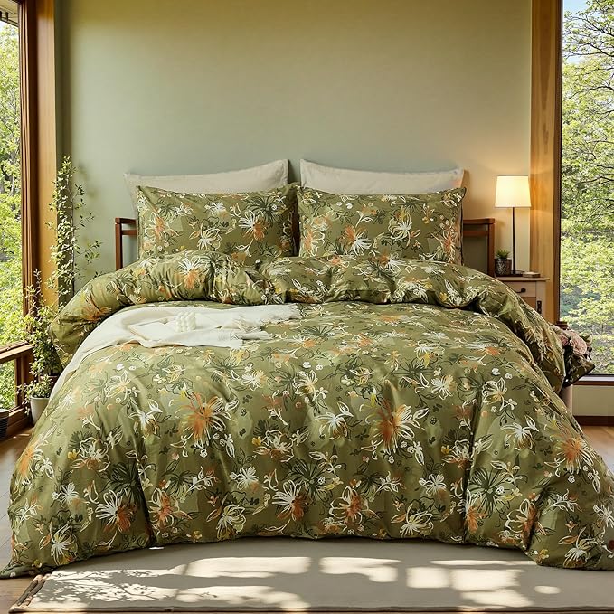 100% Cotton Duvet Cover King Size – Vintage Olive Green Floral Duvet Cover Set with Zipper Closure, 3-Piece Soft Breathable Natural Premium Cotton Bedding Set for All Seasons