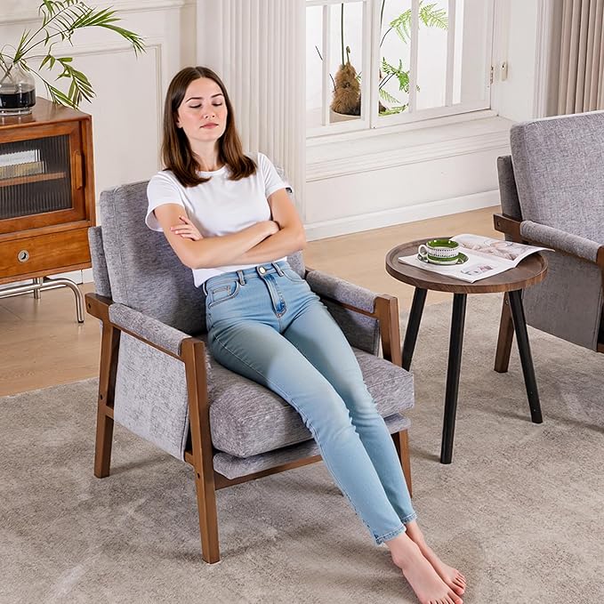Mid Century Modern Accent Chairs Set of 2 with Solid Wood Frame, Upholstered Living Room Chairs with Wide Armrest, Chenille Fabric Lounge Reading Arm Chair for Bedroom, Reading Room, Gray