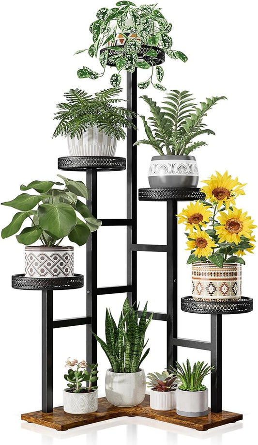 5 Tiered Corner Plant Stands Tall Indoor, Tiered Plant Stand Outdoor,Wood Plant Shelf for Multiple Plants, Wrought Iron Flower Pot Stand, Tall Plant Rack Shelf for House Patio - BlackWave