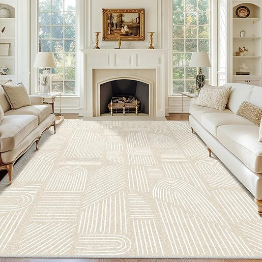 MUJOO 8x10 Washable Area Rug,Mid Century Modern Abstract Non Slip Low Pile Rug,Neutral Beige and White Large Rug for Living Room Bedroom Dining Room