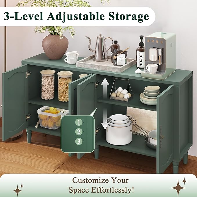 63" Sideboard Buffet Cabinet with Storage, Mid Century Modern Credenza with Adjustable Shelves & Carved Handle, Wood Kitchen Buffet Table Coffee Bar for Dining Room Living Room - Forest Green