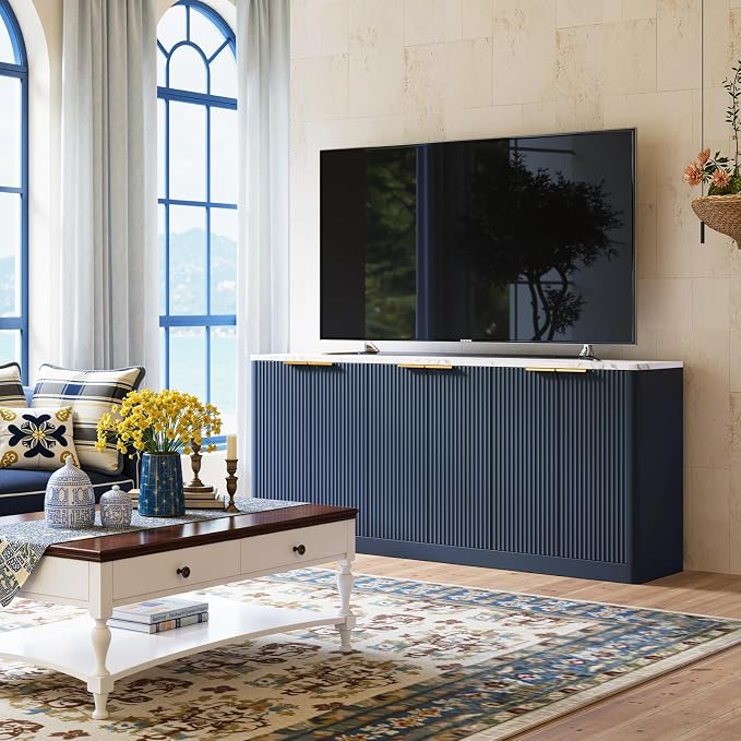 Evermagin 67" Fluted Blue Buffet Cabinet Sideboard with Storage, Large Credenza with 6 Doors, Wood Mid Century Modern Sideboard for Kitchen and Living Room (67"*31.5"*15.7")