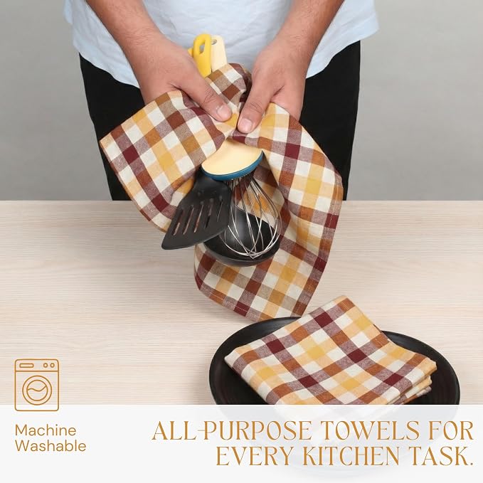 Multicolor Check Kitchen Towels 12 Pack, 100% Cotton Tea Towels, 18"x26" Quick Dry Dish Cloths for Drying Dishes, Reusable, Absorbent - Burgundy Wine, Brown, Mustard Yellow, Natural