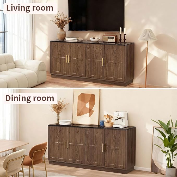 66.5" Sideboard Buffet Cabinet with Storage, Modern Credenza with Faux Marble Top & Arched Doors, Large Wood Accent Cabinet for Living Room, Kitchen, Entryway