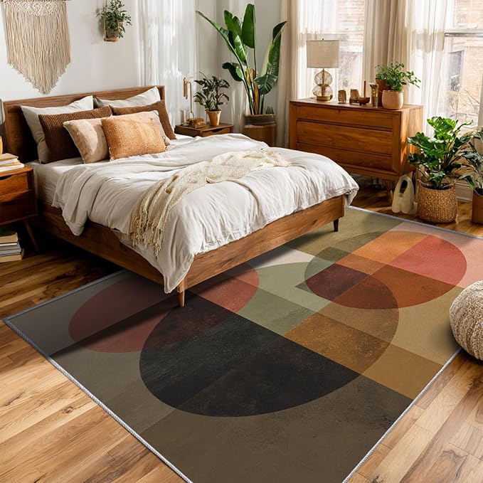Mid Century Modern Rugs for Home Decor, 7x9 ft, Abstract Geometric Area Rugs for Living Room, Soft Non Slip Washable Retro Geo Circles MCM Carpet Bedroom Decorations D-1g