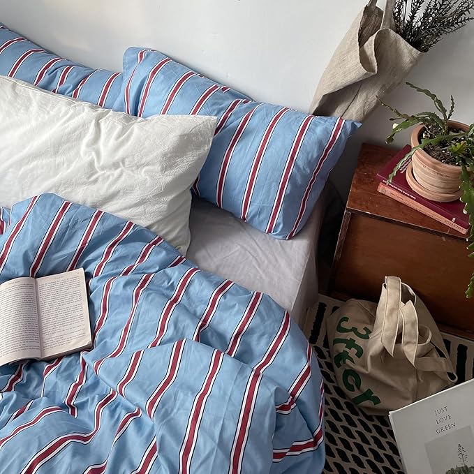 mixinni Vintage Striped Blue Duvet Cover Full - 100% Cotton Red Stripes 3-Piece Bedding Duvet Cover Set with Zipper Closure, Soft & Breathable Retro Design for All Seasons (Full Size)