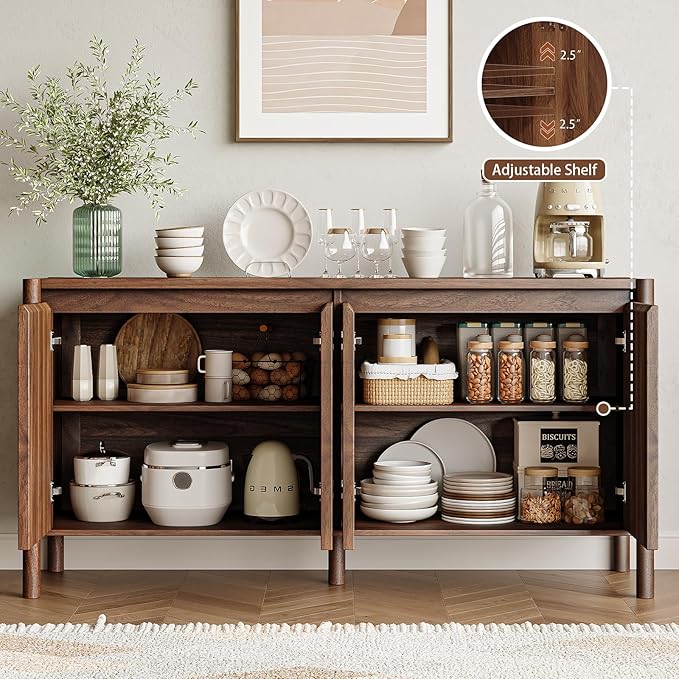 59" Wide Walnut Buffet Cabinet Storage,4 Doors and Adjustable Shelves,Solid Wood Round Legs,Wood Mid Century Sideboard for Kitchen,Living Room,Coffee Bar.